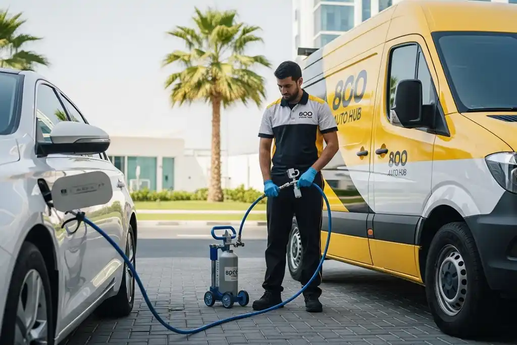 Technician filling car tyres with nitrogen gas for better performance in the UAE