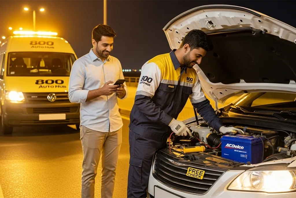 Customer testimonial about emergency car battery replacement near Corniche Road at midnight in UAE